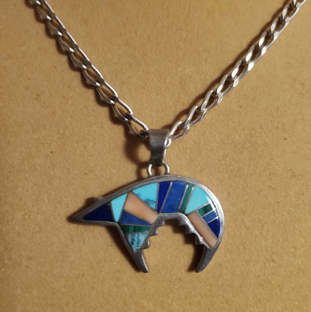 Men's Sterling Silver Turquoise Necklace Vintage Native American Signed